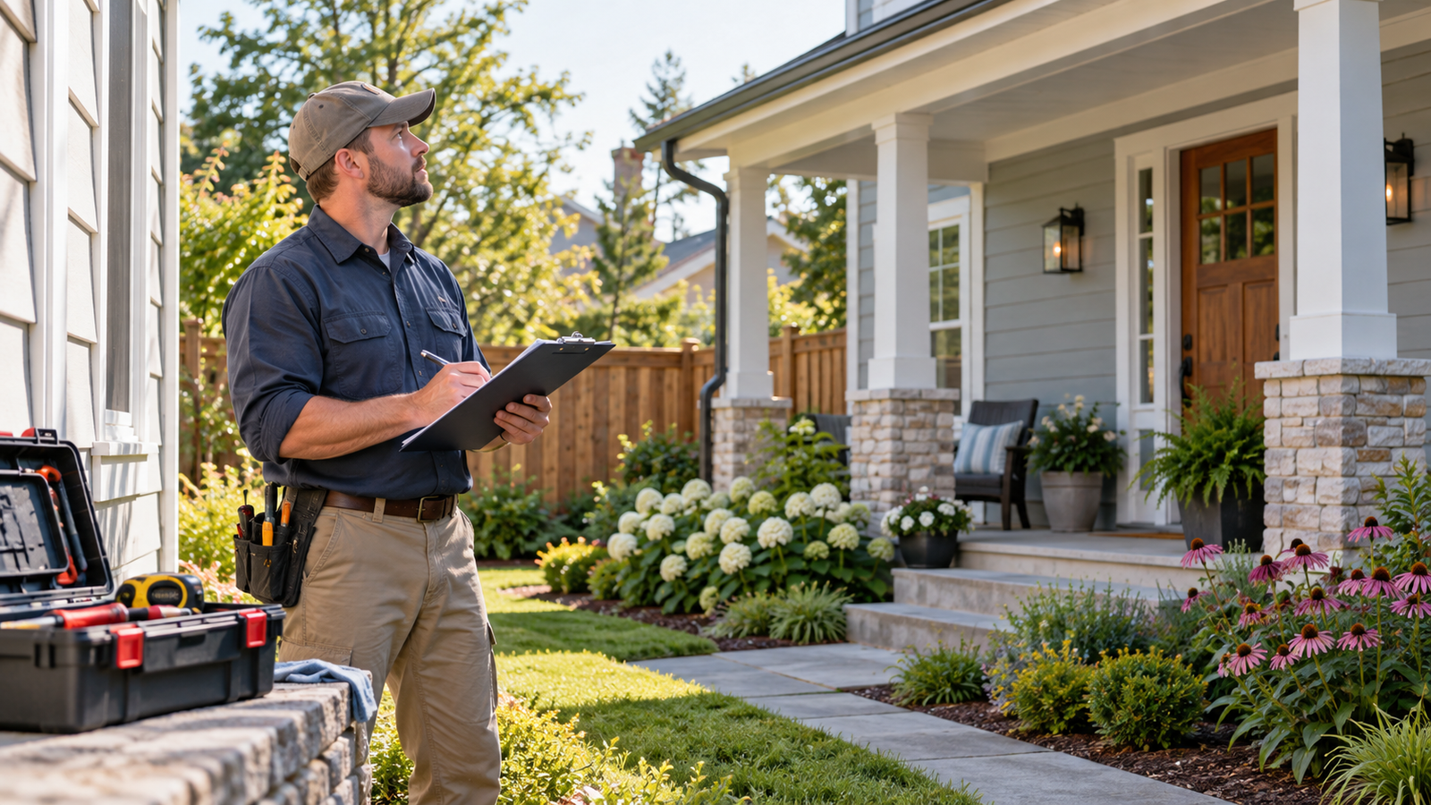 Residential maintenance professional reviewing a home exterior checklist beside a toolkit