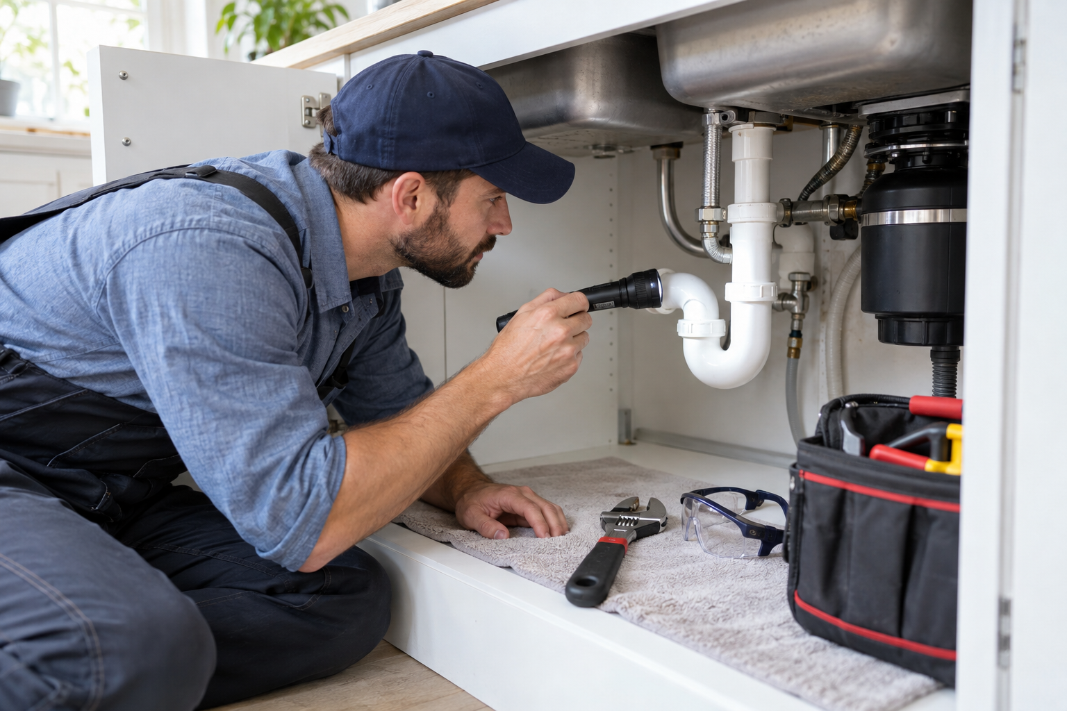 Maintenance worker inspecting accessible plumbing under a residential kitchen sink