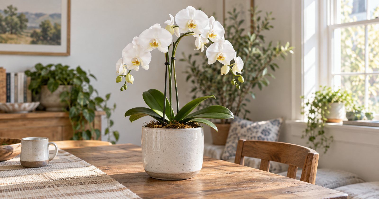 White orchid blooming beside a bright home window