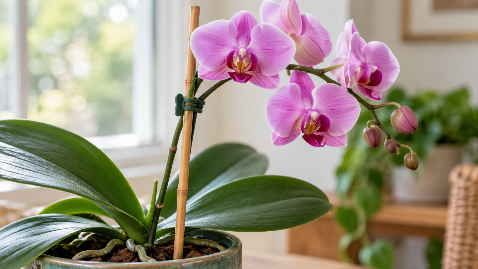 Orchid flower spike gently supported by a bamboo stake and plant clip